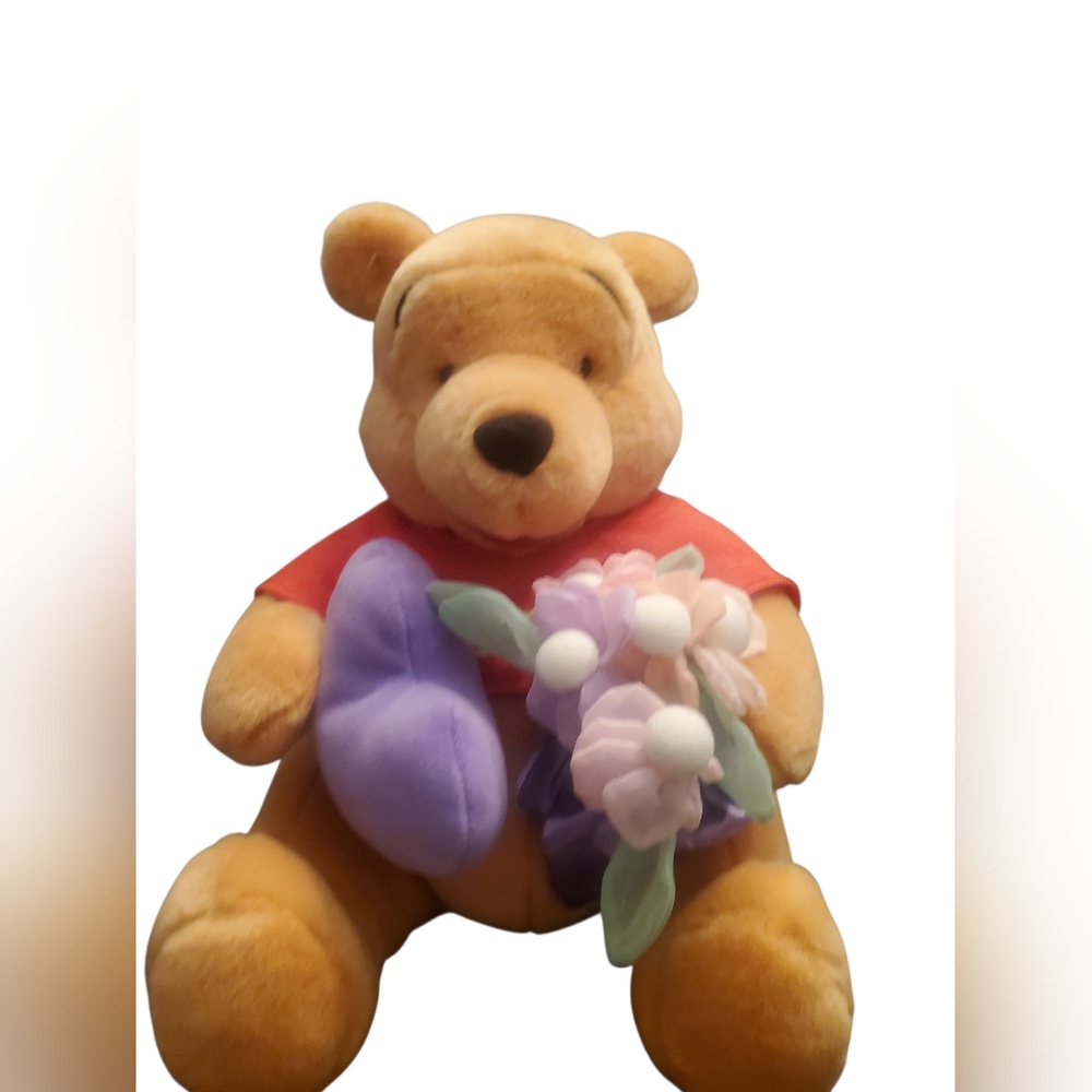 Disney Vintage Pooh Bear Plush With Flowers And Purple Heart - Picture 3 of 3